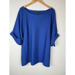 Eileen Fisher 100% Merino Wool Short Sleeve Blue Tunic Sweater Sz XL